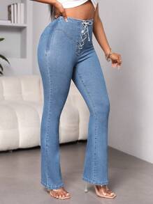SHEIN SXY Lace lên phía trước Quần ống loe - Rửa nhẹ - Xem 1