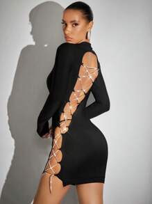 SHEIN BAE Lace Up Side Bodycon Dress - Black - View 1