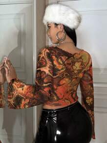 SHEIN ICON Plus Allover Print Knot Front Trumpet Sleeve Mesh Top - Multicolor - View 2