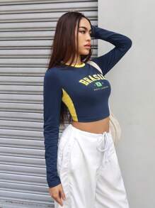 SHEIN EZwear Letter Graphic Contrast Binding Crop Tee - Navy Blue - View 3