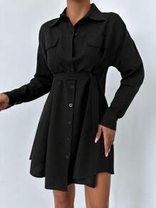 RueChic Drop Shoulder Flap Pocket Shirt Dress - Black - View 1
