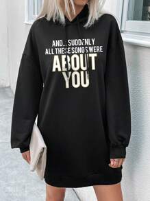 SHEIN LUNE Slogan Graphic Drop Shoulder Drawstring Hooded Sweatshirt Dress - Black - View 5