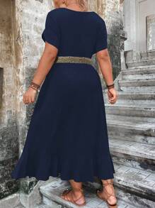 SHEIN Clasi Plus Contrast Tape Petal Sleeve Ruffle Hem Dress Maxi Women Outfit For Summer