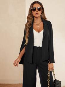 SHEIN Clasi Lapel Neck Lace Trim Split Sleeve Open Front Coat - Black - View 6