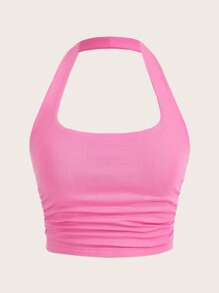 SHEIN EZwear Solid Backless Crop Halter Top - Hot Pink - View 1
