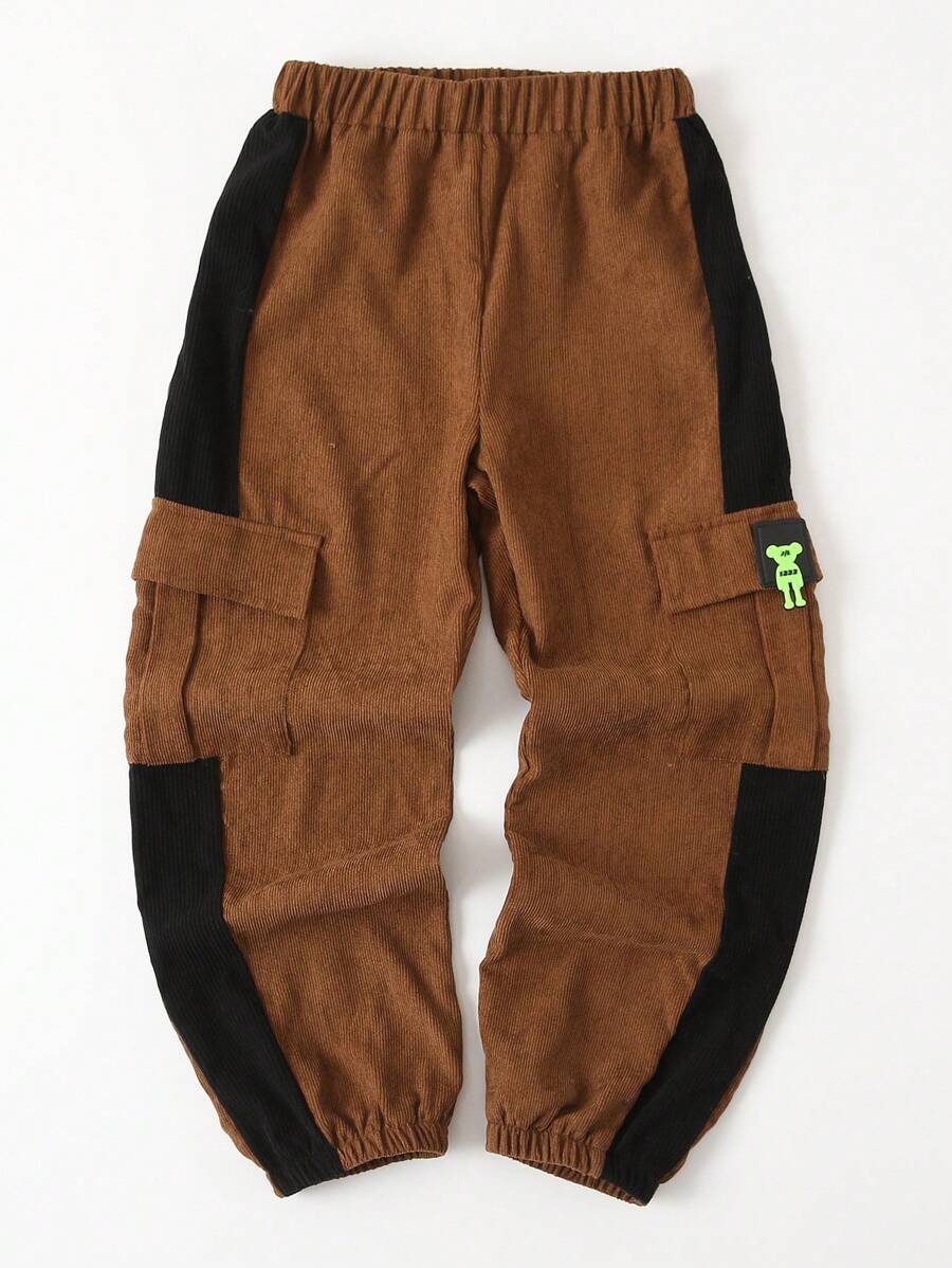 SHEIN Cô gái Tween Chi tiết được vá Túi nắp bên cạnh Quần - Màu Khaki - Xem 1