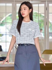 DAZY Camiseta A Cuadros Con Detalle De Solapa - Gris - Ver 5