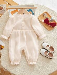 Peninsula Baby Baby Girl Solid Ruffle Trim Jumpsuit With Headband - Apricot - View 2