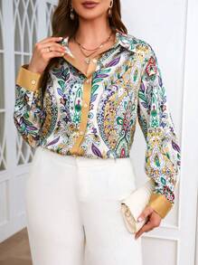 SHEIN Clasi Plus Allover Print Button Front Shirt - Green - View 5