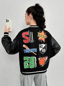 Thiếu niên cô gái Đồ họa Chữ cái Sọc trang trí Thả vai Áo khoác Đại học - màu đen - Xem 4