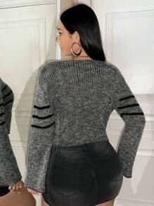 SHEIN ICON 加條紋圖案喇叭袖毛衣 - 深灰色 - 查看 5
