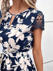 SHEIN Clasi Floral Print Contrast Lace Belted Dress - Blue and White - View 5