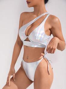 SHEIN Swim 全息鋼圈單肩綁邊比基尼套裝 - 銀色 - 查看 3