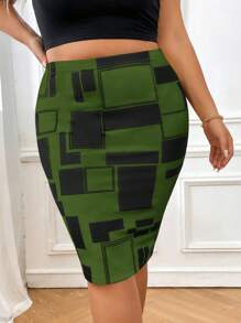 SHEIN Clasi Plus Geo Print Pencil Skirt - Army Green - View 3