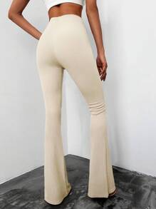 EURMUSE High Waist Flare Leg Trousers - Beige - View 2