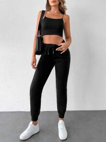 EURMUSE Drawstring Waist Slant Pocket Sweatpants - Black - View 5