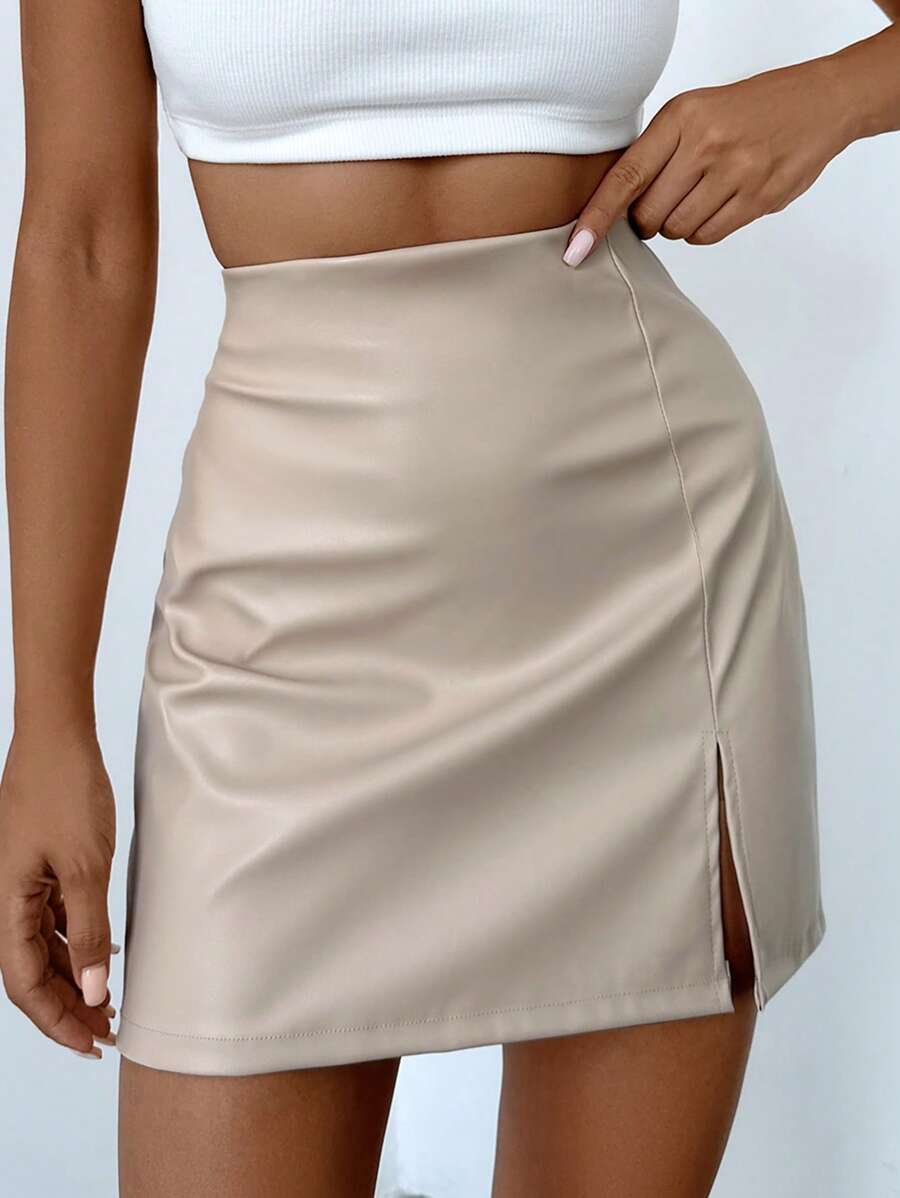 EURMUSE Women's Solid Color High Waist Side Slit Hem PU Leather Mini Skirt - Apricot - View 1