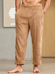 Men Solid Slant Pocket Teddy Lounge Pants - Brown - View 3
