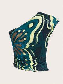 SHEIN ICON Butterfly Print Lettuce Trim Top - Green - View 2