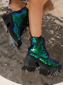 Women's Fashionable Lace-up Boots With Fish Scale Sequin Decor - Green - View 2