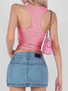 Rhinestone Letter Racerback Crop Tank Top Without Bra - Pink - View 2