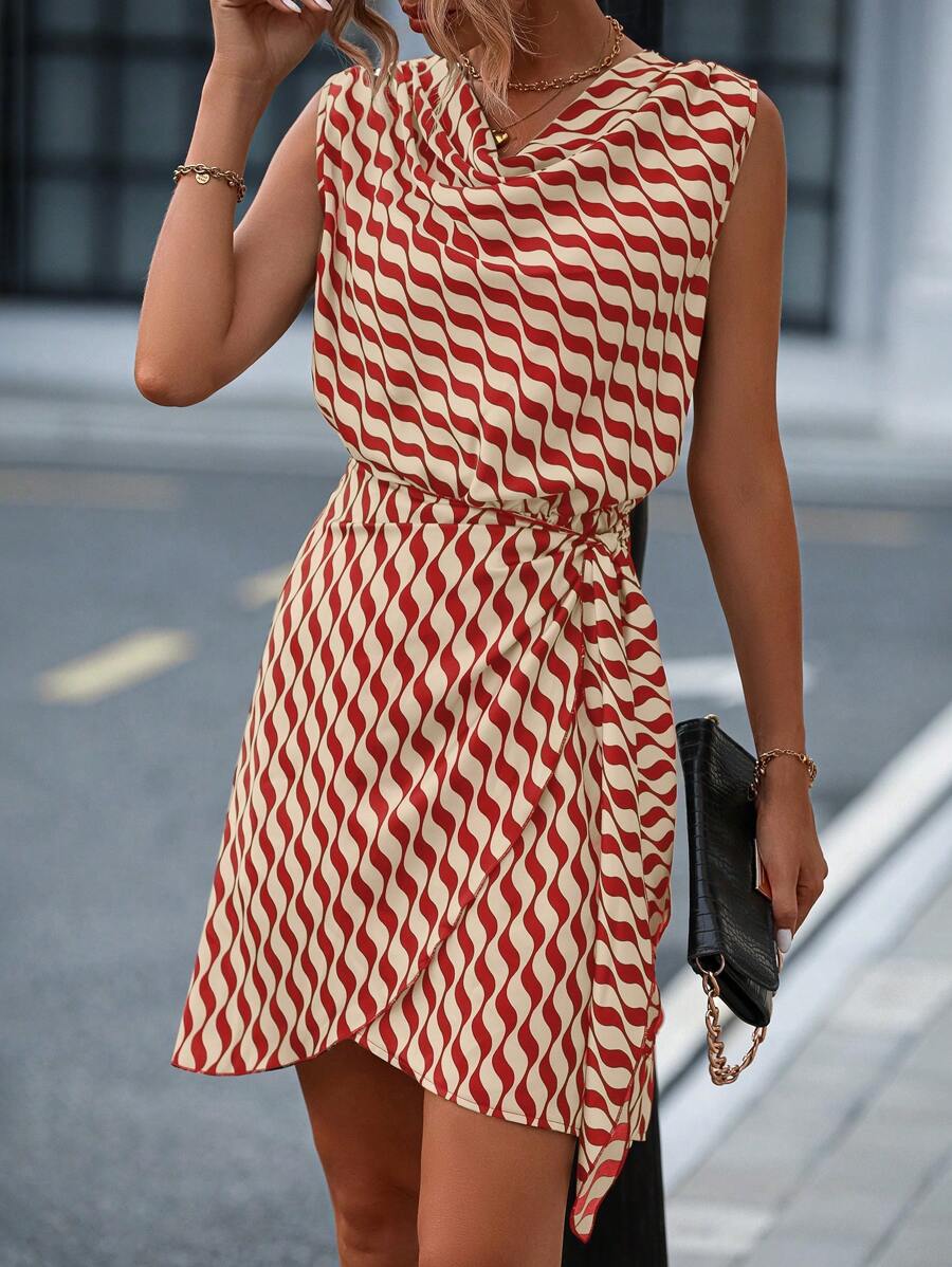 SHEIN Clasi 滿版印花側打結圍裹連衣裙 - 彩色 - 查看 1