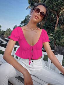 SHEIN Qutie Solid Puff Sleeve Ruffle Hem Top - Hot Pink - View 1