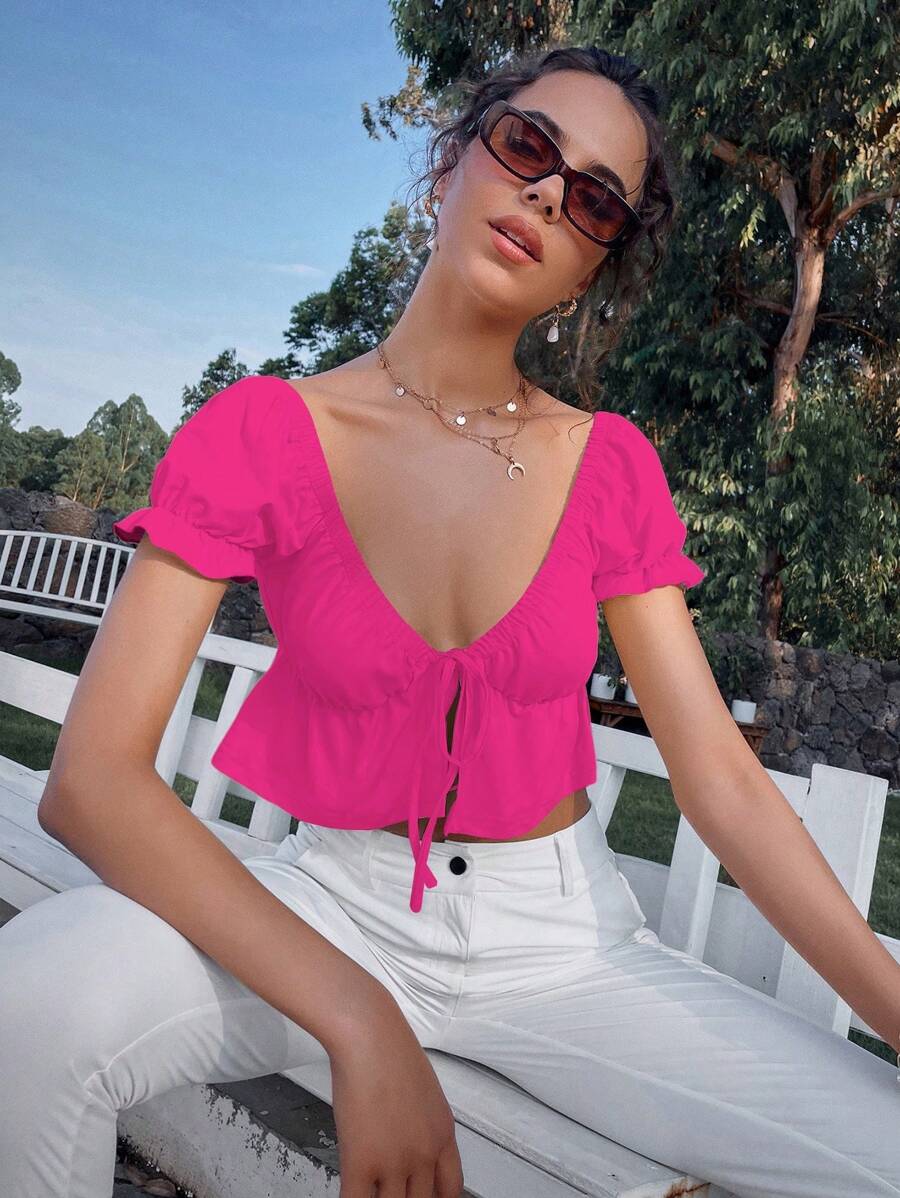 SHEIN Qutie Solid Puff Sleeve Ruffle Hem Top - Hot Pink - View 1