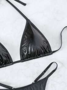 SHEIN ICON Summer Beach Metallic Halter Triangle Bikini Set - Black - View 4