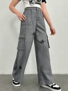Teen Girl Star Print Flap Pocket Cargo Pants - Grey - View 5
