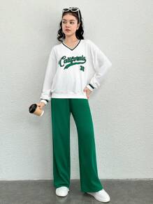 Teen Girl Letter Graphic Drop Shoulder Pullover & Sweatpants - Multicolor - View 6