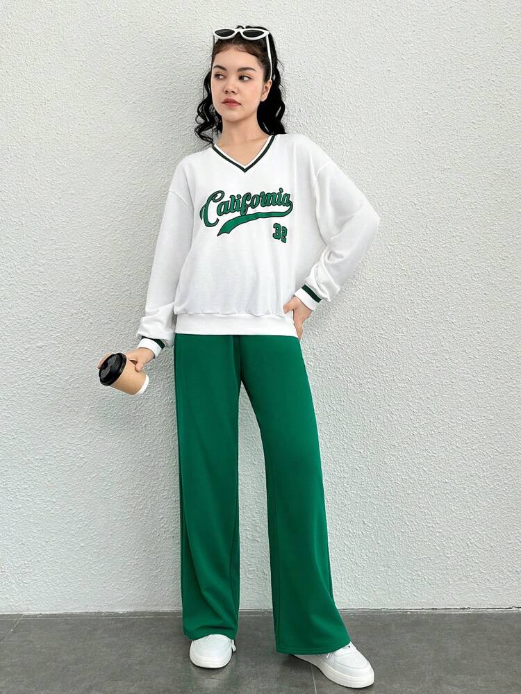 Teen Girl Letter Graphic Drop Shoulder Pullover & Sweatpants