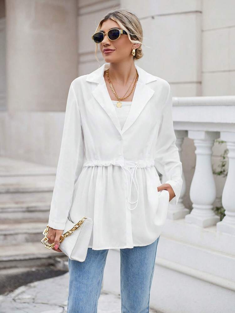 Lapel Neck Drawstring Waist Coat Fall Cloth For Women