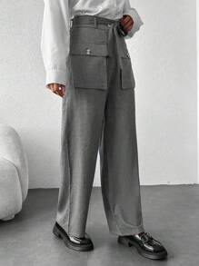 EURMUSE Flap Pocket Belted Straight Leg Pants - Dark Grey - View 3