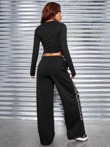 SHEIN EZwear Letter Graphic Drawstring Side Crop Tee & Pants - Black - View 2