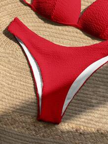 SHEIN Swim 珍珠細節掛脖三角杯比基尼泳裝 - 紅色 - 查看 3