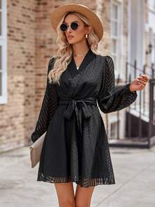 Solid Mesh Overlay Belted Dress - Black - View 4