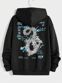 Manfinity RebelGame Áo hoodie trễ vai in khẩu hiệu và hình rồng cho nam dáng rộng - màu đen - Xem 1