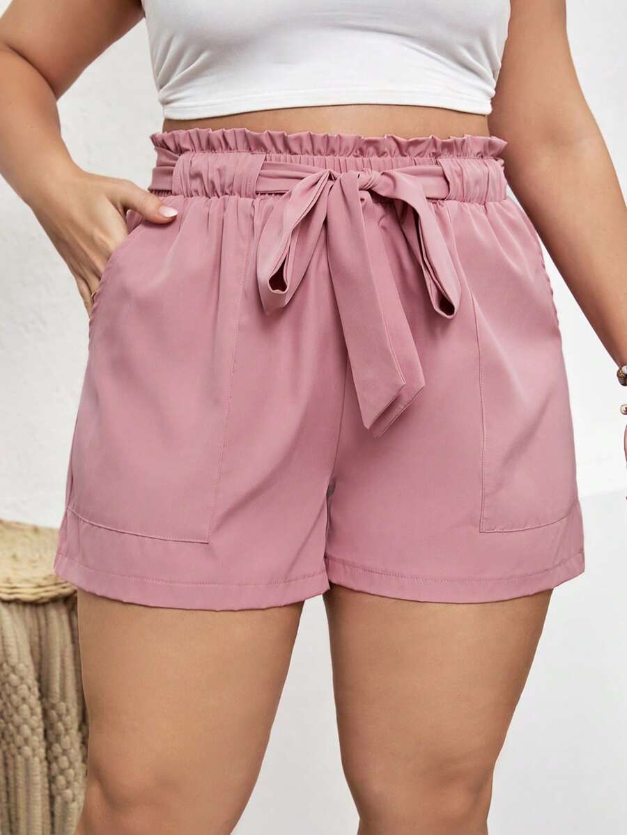 SHEIN VCAY 大碼紙袋腰附腰帶短褲 - 藕粉色 - 查看 1
