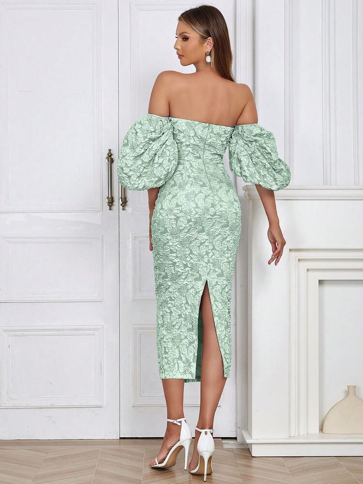 Off Shoulder Puff Sleeve Split Back Floral Jacquard Dress Summer Elegant