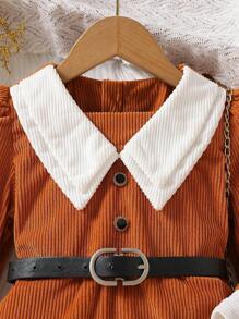 SHEIN Young Girl Contrast Collar Puff Sleeve Belted Dress - Rust Brown - View 6