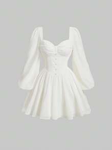 SHEIN MOD Sweetheart Neck Lantern Sleeve Ruched Bustier Button Front Milkmaid Dress - Beige - View 1