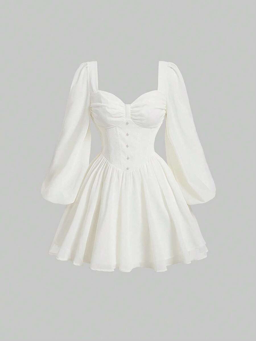 SHEIN MOD Sweetheart Neck Lantern Sleeve Ruched Bustier Button Front Milkmaid Dress - Beige - View 1