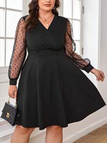 SHEIN Clasi 大碼網紗拼接燈籠袖洋裝 - 黑色 - 查看 6