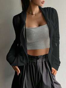 DAZY Zip Up Drawstring Hooded Sweatshirt,Long Sleeve Tops Jacket - Black - View 3