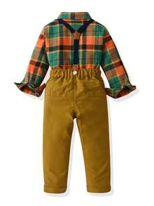 男小童格紋印花襯衫&背帶褲 - 彩色 - 查看 2