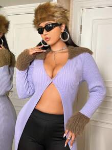 SHEIN ICON Plus Fuzzy Cuff Ribbed Knit Cardigan - Mauve Purple - View 6