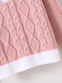 SHEIN 女大童拼接邊落肩袖麻花編織套頭毛衣 - 粉色 - 查看 5