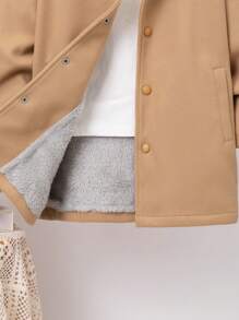 SHEIN 男大童字母刺繡加絨內裏連帽花呢外套不帶T恤 - 棕色 - 查看 7