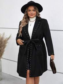 SHEIN Clasi Plus Studded Detail Belted Overcoat - Black - View 5